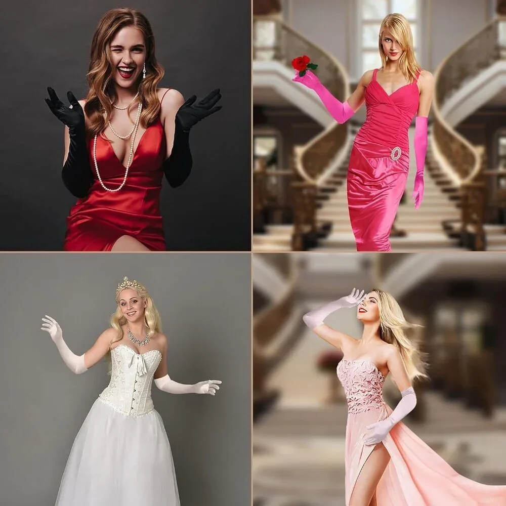 Women's Pink Long Satin Opera Fabric Gloves Party Tea Stretchy Elbow Length